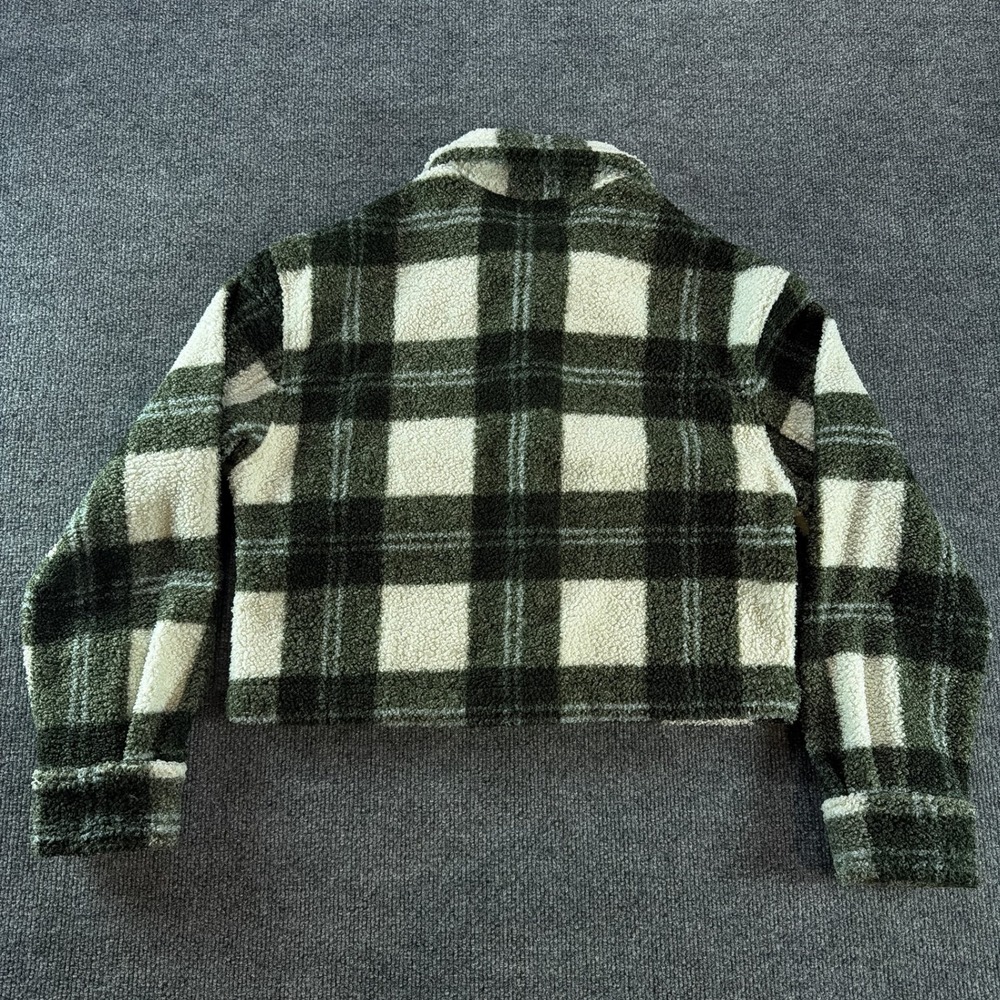 Abercrombie & Fitch Green Plaid Cropped Faux Fur Sherpa Shacket Jacket Sm Fall - Picture 7 of 7